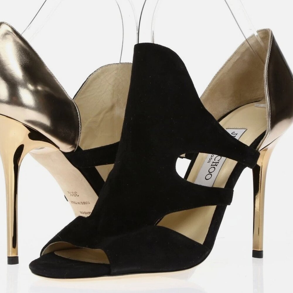 Jimmy Choo Tarine Jimmy Choo Black Suede Gold d'Orsay Leather Pump 38